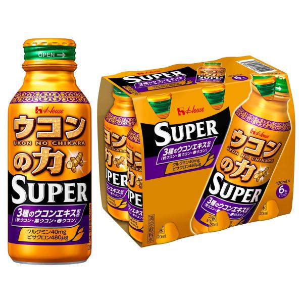 ウコンの力 スーパー 120ml×6本 ・カロリー:1本分(120ml)の栄養成分 エネルギー 38kcal、たん白質 商品紹介軽く2~3回振ってお飲みください。強く振って開栓すると、内容液が飛び散ることがあります。1日1本を目安にお飲みく...
