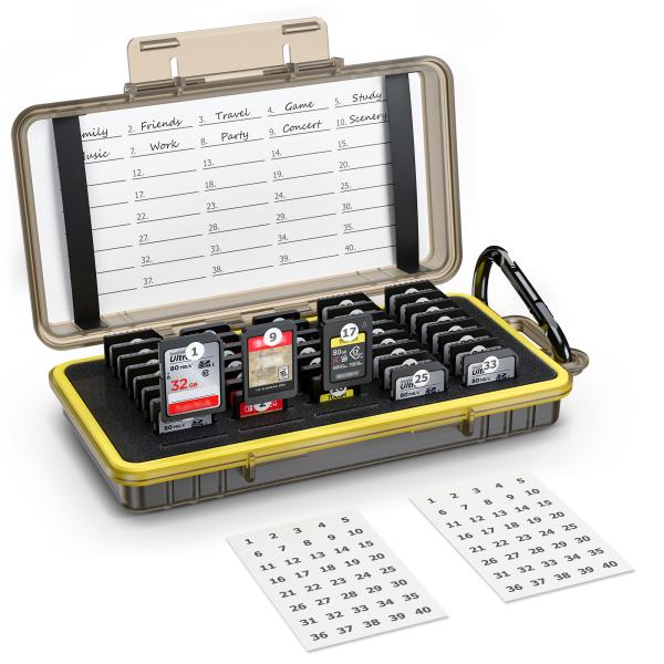 大容量 40枚 SD SDHC SDXC/NS/PSV/CFexpress Type A カード収納ケース メモリーカードケース 耐衝撃 防塵 防水 ・2枚の付箋、1個の安全ロックが付きです。・SDカードが配置できるようスポンジ区切り、 S...