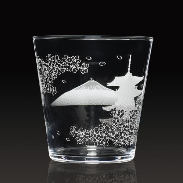 ロックグラス タンブラー 五重塔と富士山柄 ガラスコップ 340ml 1個入り 東洋佐々木ガラス
