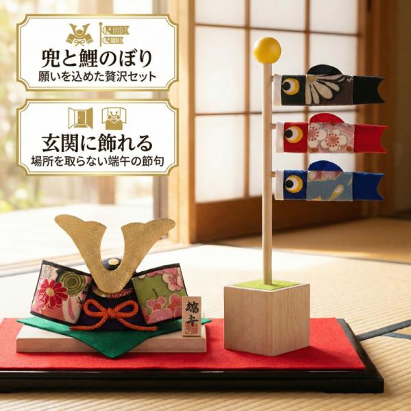 京都の老舗「リュウコドウ」の職人が手掛けた、兜飾りと鯉のぼりのセットです。色鮮やかな友禅柄のちりめん生地を使用しており、和の美しさと手作りの温かみを感じさせます。 友禅柄は切り出す場所によって表情が変わるため、世界に一つだけのデザインとなり...