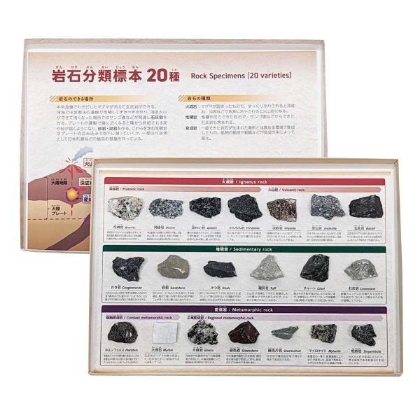 ●火成岩7種、堆積岩6種、変成岩7種の全20種からなる標本です。●基本的な岩石の分類を実標本と図解で詳しく説明、造岩鉱物も観察できる。＜仕様＞商品コード：L55-2171火成岩：花こう岩、閃緑岩、斑れい岩、カンラン岩、流紋岩、安山岩、玄武岩...