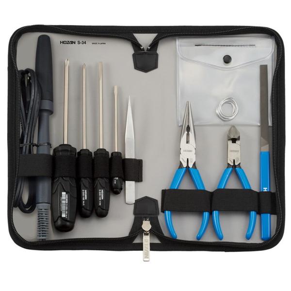 ●8種類、27点の工具が揃ったセットです。＜仕様＞商品コード：ナリカ P70-4689型式名：S-34セット内容：　　　・プラスドライバー：3種　　　・マイナスドライバー：3種　　　・キャップ付きはんだコテ　　　・ピンセット　　　・斜ニッパ...