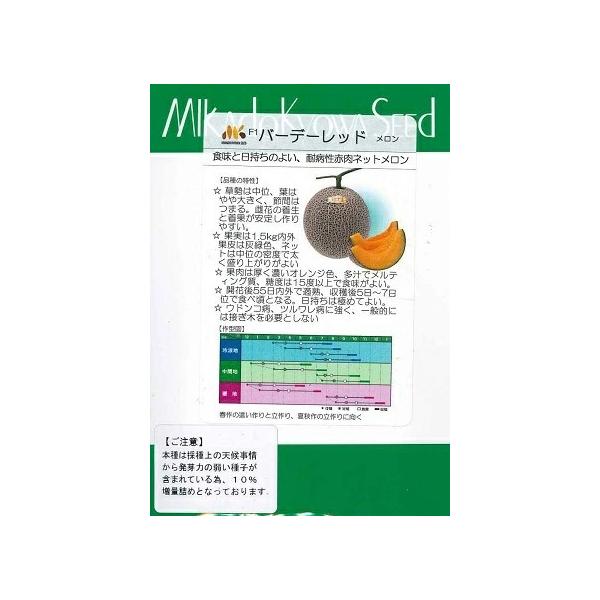 ●草勢は中位で、葉はやや大きく、節間はつまる。雌花の着生と着果が安定し作り易い。●果実は1.5kg内外。●果皮は灰緑色、ネットは中位の密度で太く盛り上がりが良い。●果肉は厚く濃いオレンジ色、多汁でメルティング質、糖度は15度以上で食味が良い...