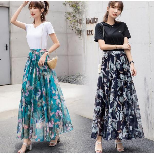 スカート 花柄 ロングフレア シフォン 大人 春 夏 30代 40代