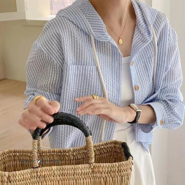 カーディガン uvカット レディース シャツ パーカー 夏物 トップス 開襟 ボタン ショート丈 可愛い フード付き 日焼け 冷房 薄手 軽い 白 ブルー