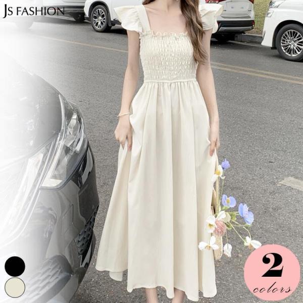 胸元 シャーリング ワンピース 白 黒 全2色 肩フリル