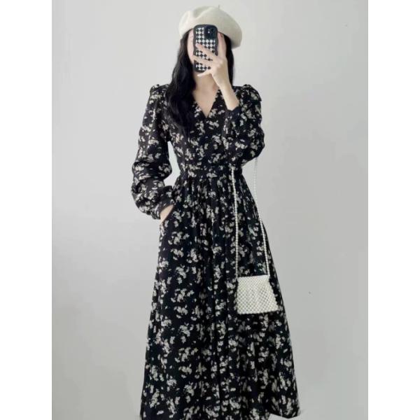 シフォンワンピース 長袖 レディース 花柄 ロングワンピ 春 長袖
