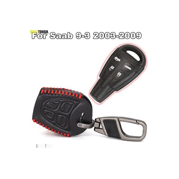 車パーツ 本革 4 ボタン キーケースシェル FOB サーブ 9-3 93 2003-2009 キーチェーン付きリモート キーカバー黒