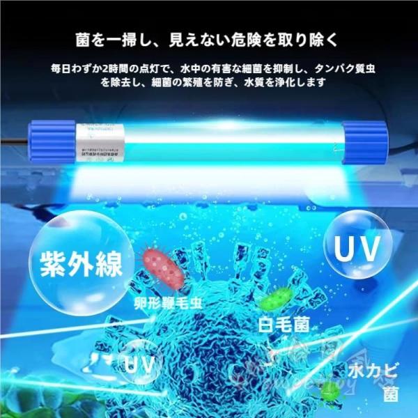 【高速で効果的な紫外線殺菌ランプ】水槽内の藻類、バクテリア、ウイルスを殺すのを助け、水質を浄化し、水が濁って水が緑色になるという問題を解決する。魚の生活環境をより健康にし、魚の病気を減らす【注意事項】このUVランプは水槽に直接入れることはで...