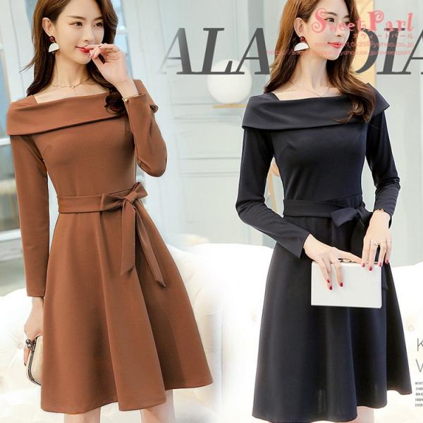 ボートネックワンピース レディース ひざ丈ワンピース ワンピース 膝丈 ワンピ リボン 長袖 秋物 秋服 2020 母の日 A122910 Sweet Parl 通販 Yahoo ショッピング