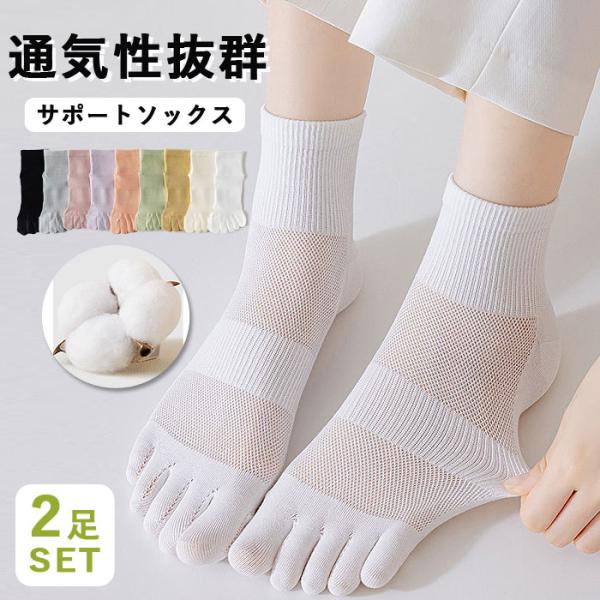 [2点で400円OFF★クーポン有]メッシュ サポーターソックス 疲れにくい靴下 レディース サポーター ソックス 2足セット 防臭 抗菌 5本指[定形外]^bm1533^