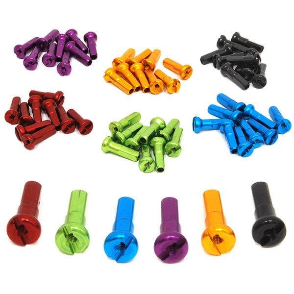 ・丸頭タイプのスタンダードな #14 ニップル・軽量なアルミ製・鮮やかなアルマイトカラー・ドレスアップにお手軽な、1カラー10個セット ■素材　アルミニウム■加工　アルマイト（カラー）■サイズ  #14全長：14mm