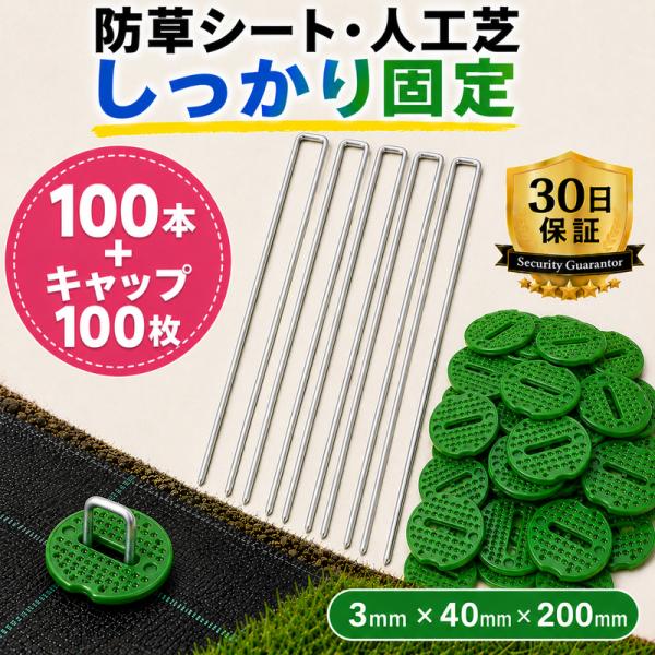 U字ピン 100本 押さえキャップ100枚付 緑 3mm×40mm×200mm 防草シート 人工芝 固定 アンカーピン 庭 ガーデニング 雑草対策 押さえピン IGNITE LIFE