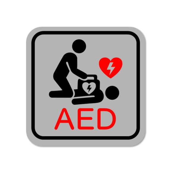 AED 設置ステッカー 屋外用／屋内用　W100mm×T100mm 白塩ビ＋マットラミネート加工(PVC) 耐水 角丸四角形 シールNo.001