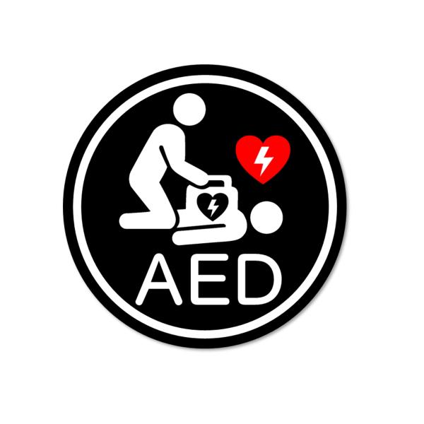 AED 設置ステッカー 屋外用／屋内用　W100mm×T100mm 白塩ビ＋マットラミネート加工(PVC) 耐水 丸型 シールNo.003