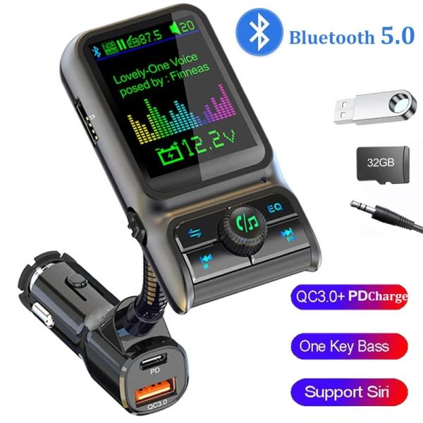 Bluetooth 5.0 FMトランスミッター 車載 QC3.0 PD24W急速充電 デュアルUSB ハンズフリー アンビエントライト