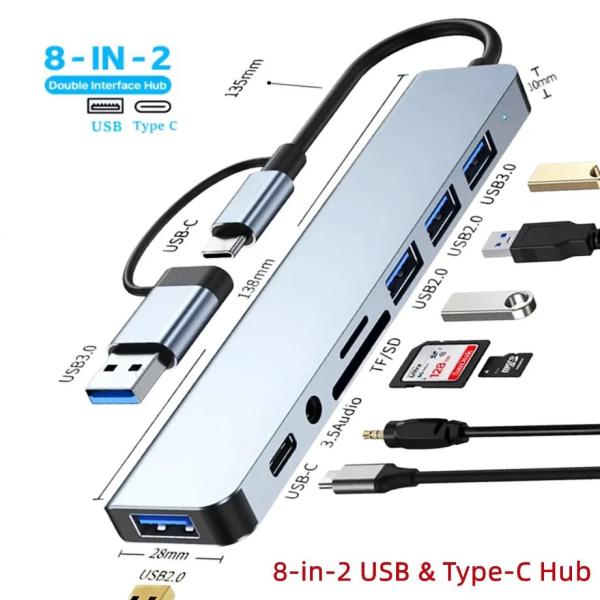 USB Type-C ハブ 8in2 USB3.0×3ポート SD/TFカードリーダー 3.5mmオーディオジャック USB-A/Type-C両対応 MacBook PC タブレット用