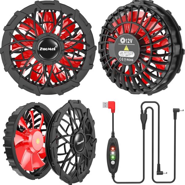 12Vファン 2台セット 作業服ファン 空調服用扇風機 USB電源DC5-12V変換 モバイルバッテリー対応 ブラシレスモーター 6000RPM 大風量 85度傾斜排気口