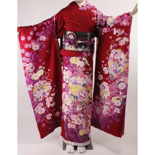 お仕立付 振袖 地模様入り 絵羽 SD-15 正絹 赤色地に花柄の裾模様 お仕立付 振袖 地模様入り 絵羽 SD-15 正絹 赤色地に花柄の裾模様