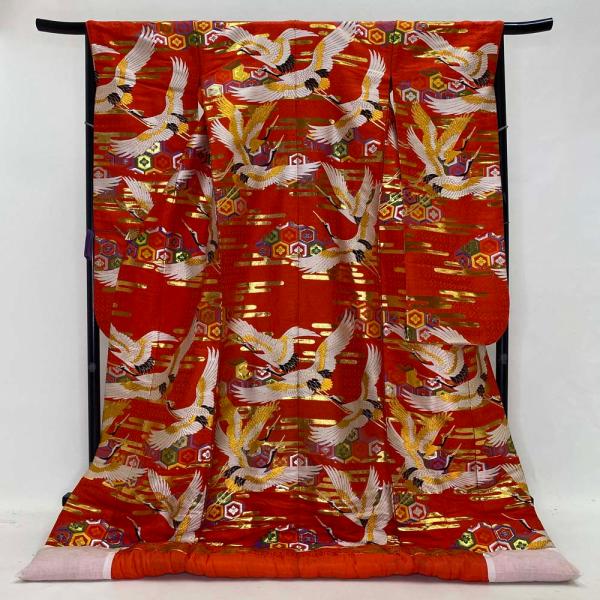 色打掛 正絹 鶴 刺繍 金 赤 打掛 Lサイズ 裄68 花嫁衣裳 婚礼 リサイクル 中古 ブライダル ウエディング 着物 4001 色打掛 正絹 鶴 刺繍 赤 金 打掛 花嫁衣裳 婚礼 リサイクル 中古