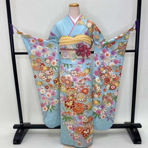 ≪美品≫正絹　振袖セット【630】【160cm~170cmの方用】 振袖フルセット 裄72.5cm 身丈170cm 長襦袢セット 総柄 振袖 帯