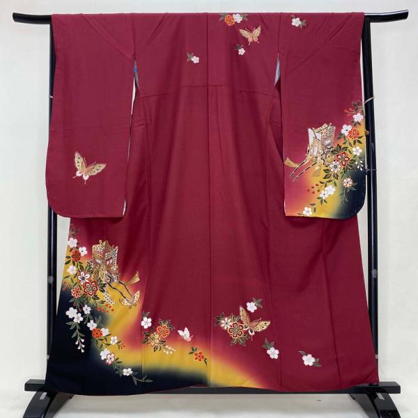 【美品】 振袖 身丈158cm 裄丈65.5cm 正絹 名品 【中古】 振袖 身丈158.5cm 裄丈66.5cm M 袷 鶴 梅 金糸 金彩 深緑 正絹 名品