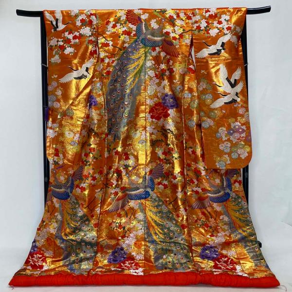 色打掛 正絹 鶴 刺繍 金 オレンジ  打掛 Mサイズ 裄66 花嫁衣裳 婚礼 リサイクル 中古 ブライダル ウエディング 着物 4028 色打掛 正絹 鶴 刺繍 オレンジ 金 打掛 Lサイズ 裄67 花嫁衣裳 婚礼
