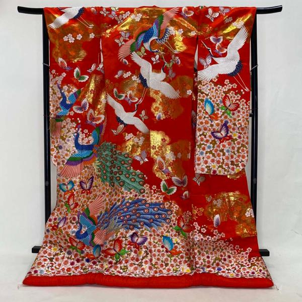 色打掛 正絹 鶴 刺繍 金 赤 打掛 Lサイズ 裄67 花嫁衣裳 婚礼