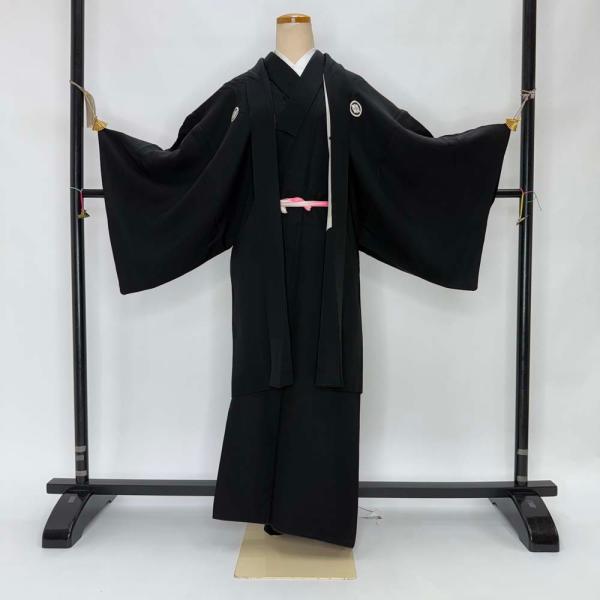 男紋付 男着物 黒紋付 正絹 羽織 長着 裄68.5cm SS size 黒 五つ紋 中古 成人式 舞台衣装  4901 男紋付 男着物 黒紋付 正絹 羽織 長着 裄68.5cm SS size 黒 五つ紋