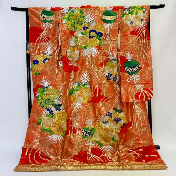 色打掛 正絹 鶴 刺繍 赤 橙 打掛 花嫁衣裳 婚礼 リサイクル 中古