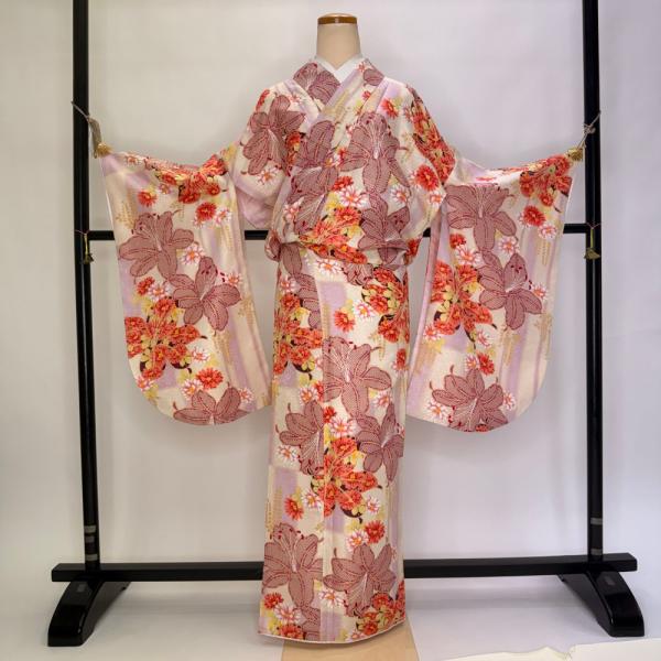 二尺袖 単品 卒業式着物 クリーム ピンク 裄66.5cm Mサイズ  袴用着物 化繊 中古 5791