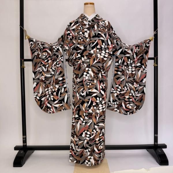 二尺袖 単品 卒業式着物 黒 裄68.5cm Lサイズ  袴用着物 化繊 中古 5794