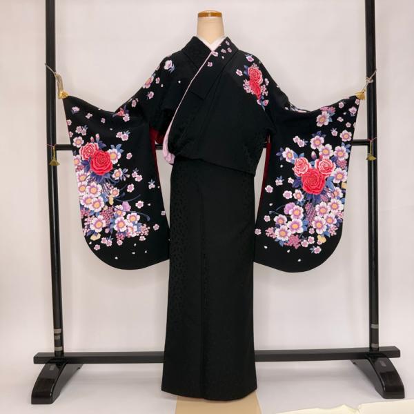二尺袖 単品 卒業式着物 黒 裄69cm Lサイズ  袴用着物 化繊 中古 5795