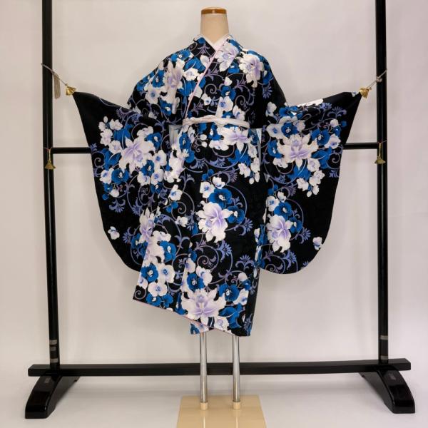 二尺袖 単品 卒業式着物 黒 裄68.5cm Lサイズ  袴用着物 化繊 中古 5806