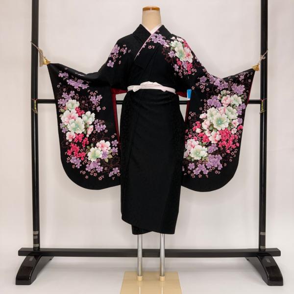 二尺袖 単品 卒業式着物 黒 裄69cm Lサイズ  袴用着物 化繊 中古 5808