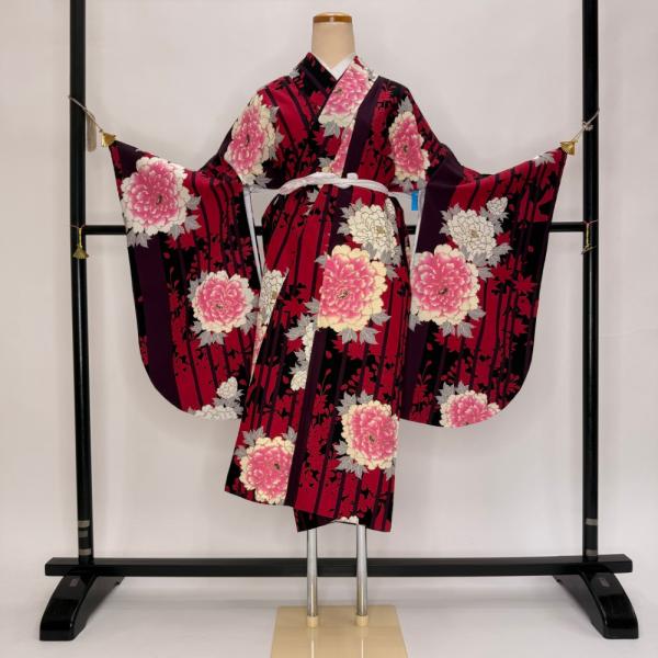 二尺袖 単品 卒業式着物 黒 裄70cm LLサイズ  袴用着物 化繊 中古 5809