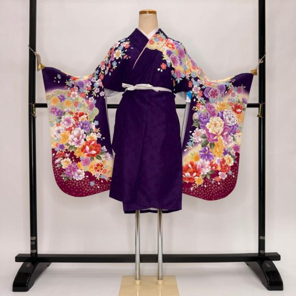 二尺袖 単品 卒業式着物 紫 裄68cm Lサイズ  袴用着物 化繊 中古 5818