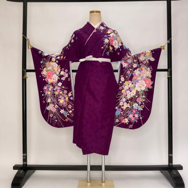 二尺袖 単品 卒業式着物 紫 裄68.5cm Lサイズ  袴用着物 化繊 中古 5820