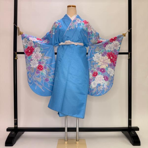 二尺袖 単品 卒業式着物 水色 裄68.5cm Lサイズ  袴用着物 化繊 中古 5825