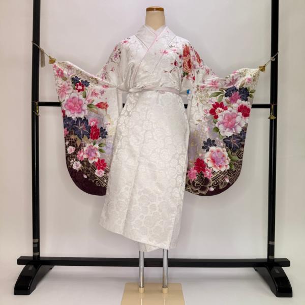 二尺袖 単品 卒業式着物 白 裄68cm Lサイズ  袴用着物 化繊 中古 5829