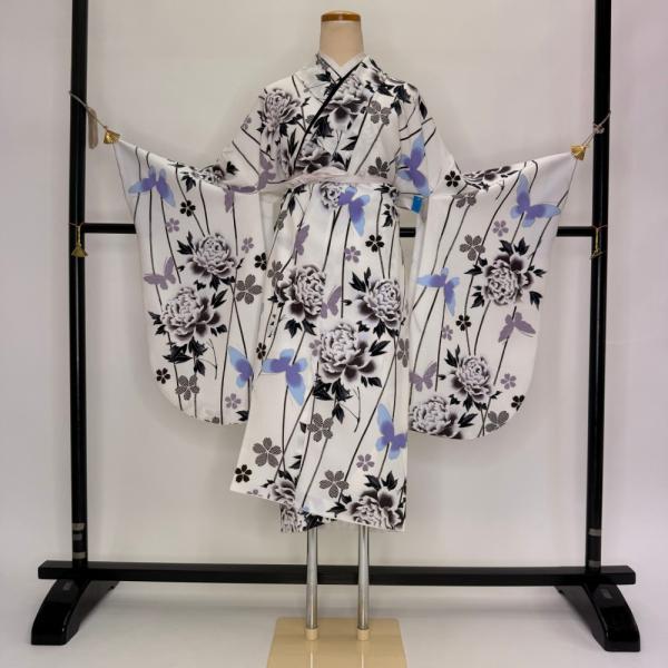 二尺袖 単品 卒業式着物 白 裄69cm Lサイズ  袴用着物 化繊 中古 5840