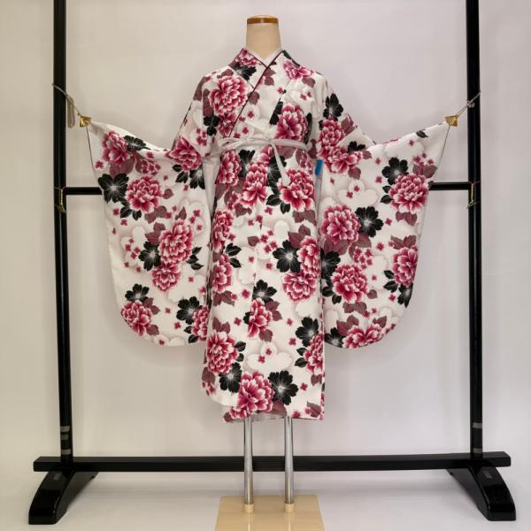 二尺袖 単品 卒業式着物 白 裄70cm LLサイズ  袴用着物 化繊 中古 5841