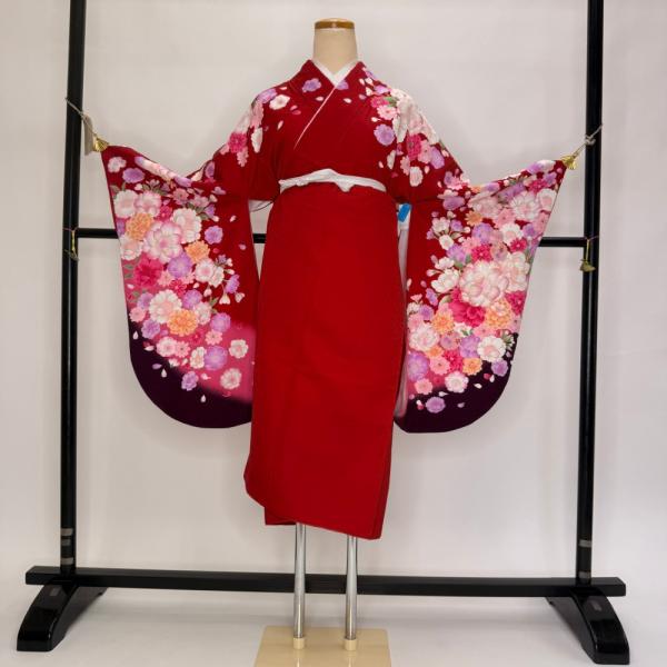 二尺袖 単品 卒業式着物 赤 裄68.5cm Lサイズ  袴用着物 化繊 中古 5846