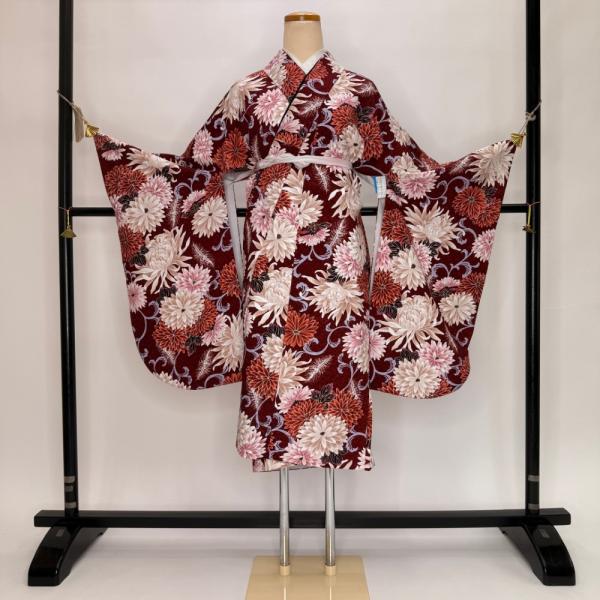 二尺袖 単品 卒業式着物 赤 裄69cm Lサイズ  袴用着物 化繊 中古 5848