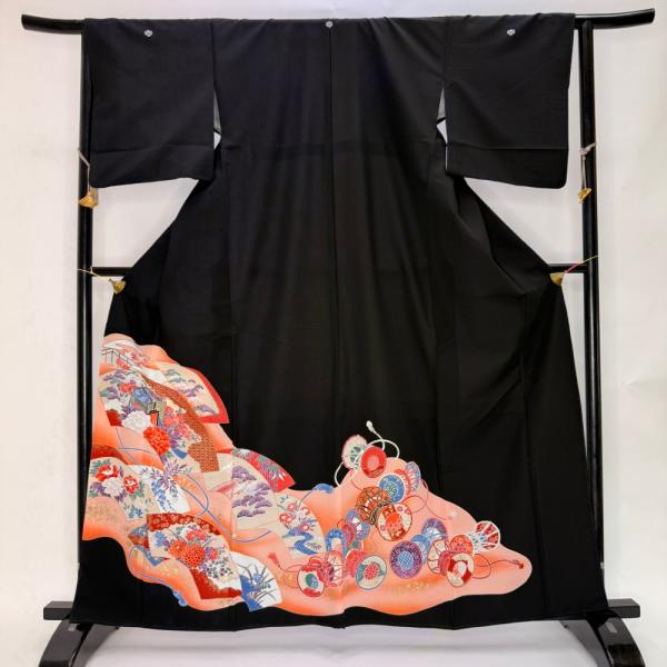 黒留袖 リサイクル着物 安い 裄65.2cm M size リメイク 中古 礼装 ポリエステル リユース 6439