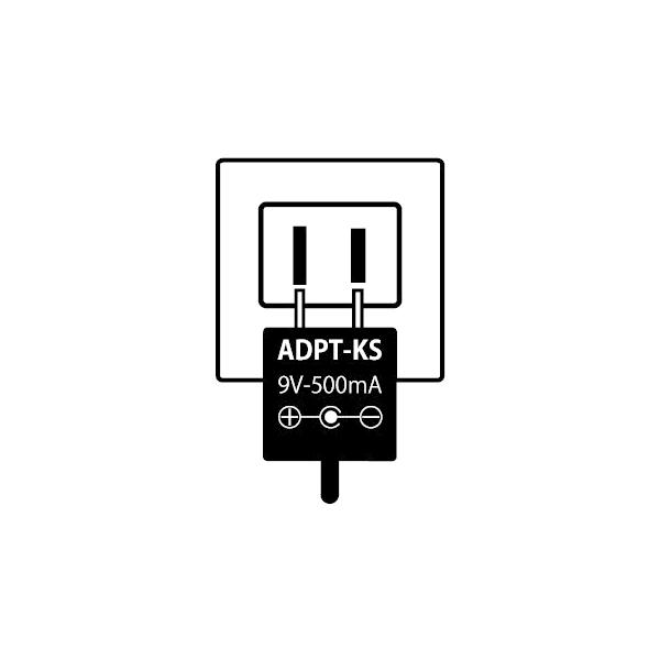 ADPT-KS　ACアダプター・入力：AC100V-240V・出力： 9V-500mA・極性：センター(-)・プラグ：外形5.5mm　内径2.1mm