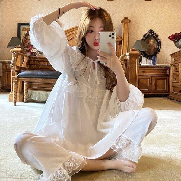 経典ブランド 春秋 レディース パジャマ ロングワ レースお姫様 長袖パジャマ 春秋 レディース パジャマ 長袖パジャマ 寝巻き 韓国風 部屋着 レースワンピース ルームウェア上下セット可愛いパジャマ ロングワイドズボン レースお姫様 下着 靴下 部屋着