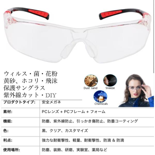 3 スポーツサングラス　メガネ　医療用メガネ　DIY  安全ゴーグル サングラス　花粉症　防塵 防風 耐衝撃 作業用メガネ　 男女兼用　透明レンズ　ウィルス対策