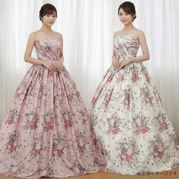 光沢があるピンク系・ホワイト系の生地に花柄プリントをほどこした上品な印象のカラードレスです。演奏会や発表会などの舞台衣装・ステージ衣装としてはもちろん、結婚式や二次会など花嫁様のウエディングドレスとしてもお勧めのロングドレスです。上身頃は、...