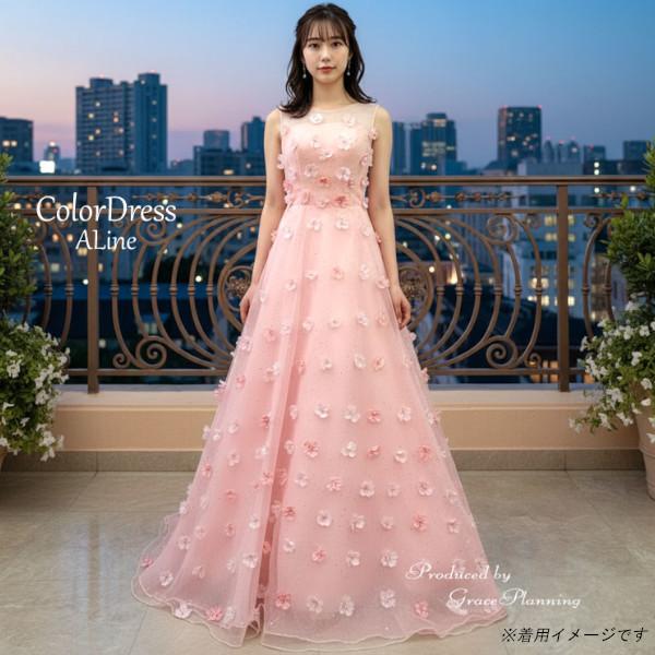 ラメ入り生地にたくさんの小花が咲いた可愛いキュートなカラードレス。背中ファスナーでお１人での着脱もスムーズです。演奏会や発表会などの舞台衣装・ステージ衣装としてはもちろん、結婚式や二次会など花嫁様のウエディングドレスとしてもお勧めのロングド...